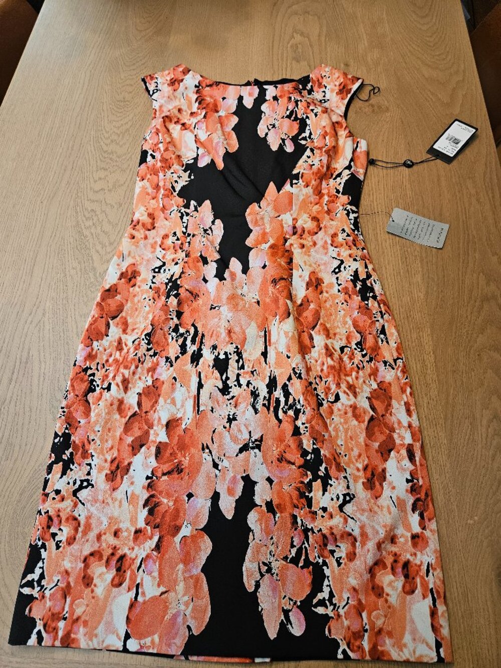 NWT Adrianna Papell Coral Floral Sheath Dress Cap Sleeve Black Placement Size 4